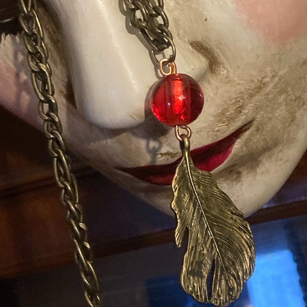 Witch Bitch Bronze Feather and Glass Necklace
